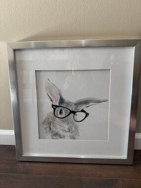 Whimsical Gray Bunny Print with Black Glasses - Home Art